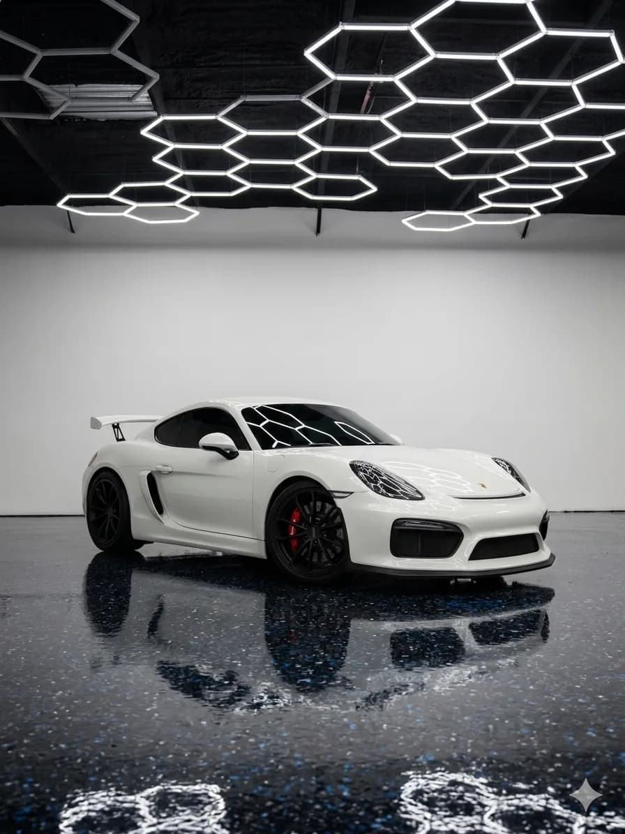 White Porsche Cayman GT4 in the SP Automotive service bay